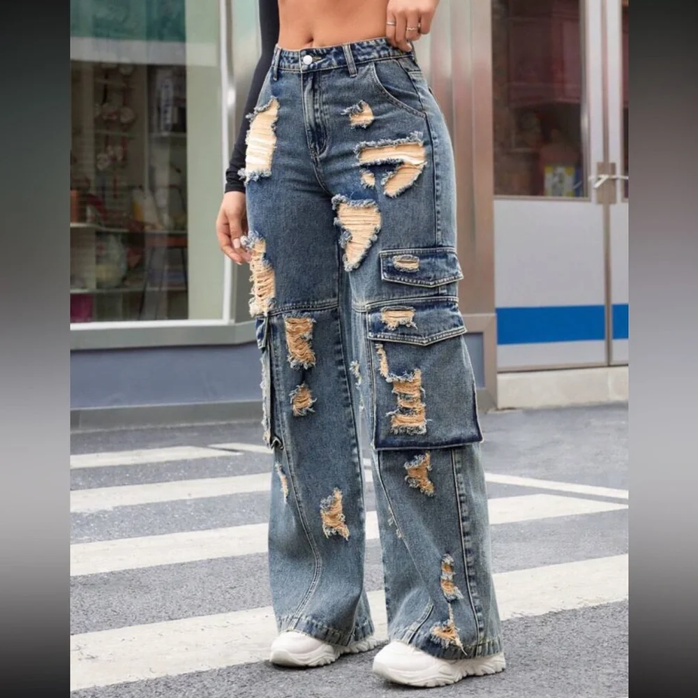 Distressed jeans Blue Cargo Jeans pants denim pockets ripped mineral wash - Picture 3 of 5